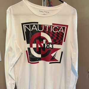 Nautica White Long Sleeve tee. Red and black emblem on front. Men’s Large